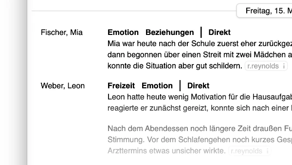 Verlaufsdokumentation in KidsManager mit strukturierten Einträgen zu Betreuung, Emotionen und Beziehungen